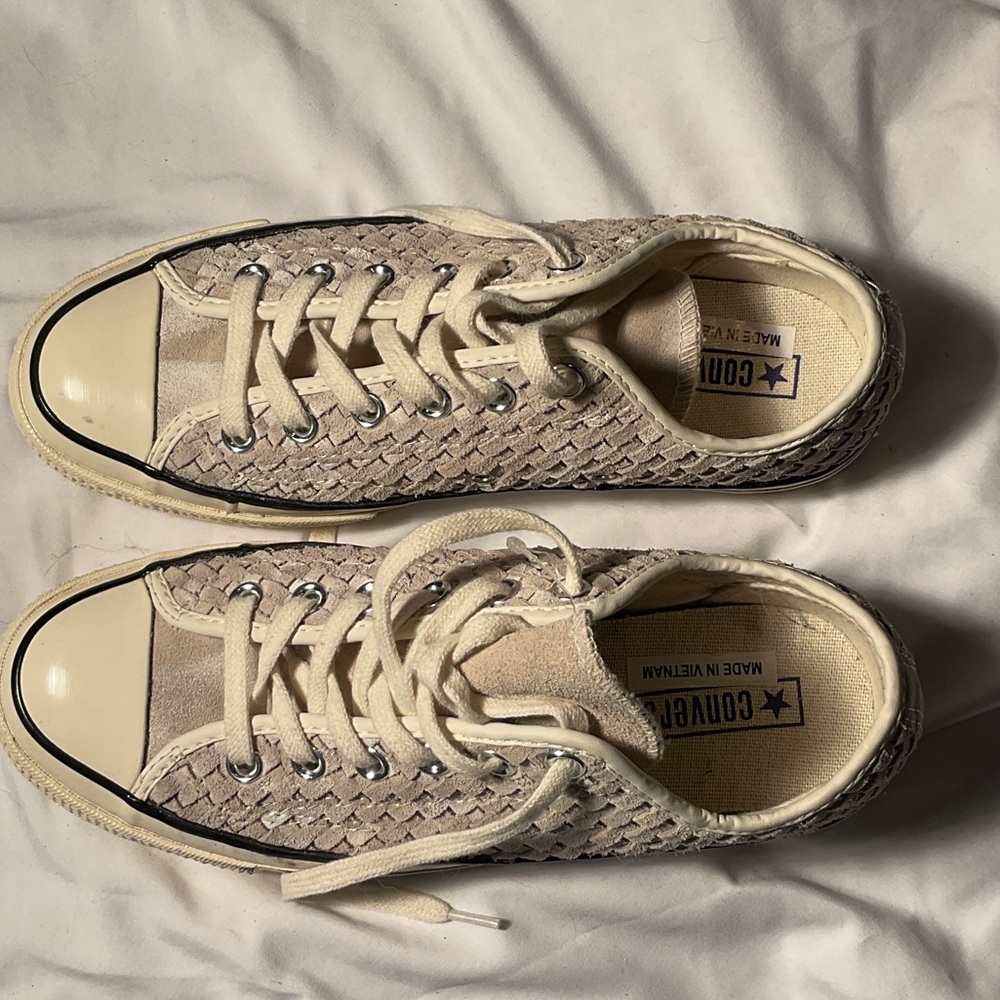 Converse Woven Suede Cream Textured Lace-Up Sneakers by John Varvatos